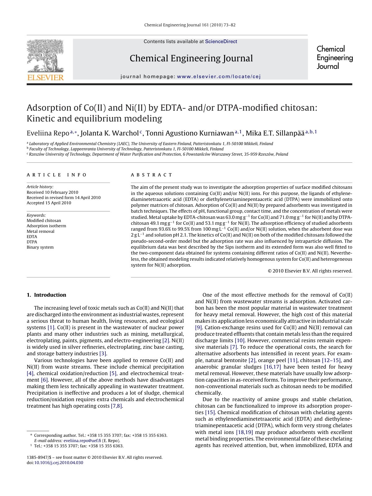 First page of Adsorption of Co II and Ni II by EDTA an