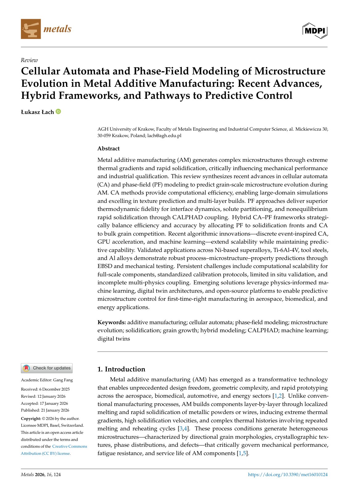 First page of Cellular Automata and Phase-Field Modeling of Microstructure Evolution in Metal Additive Manufacturing: Recent Advances, Hybrid Frameworks, and Pathways to Predictive Control