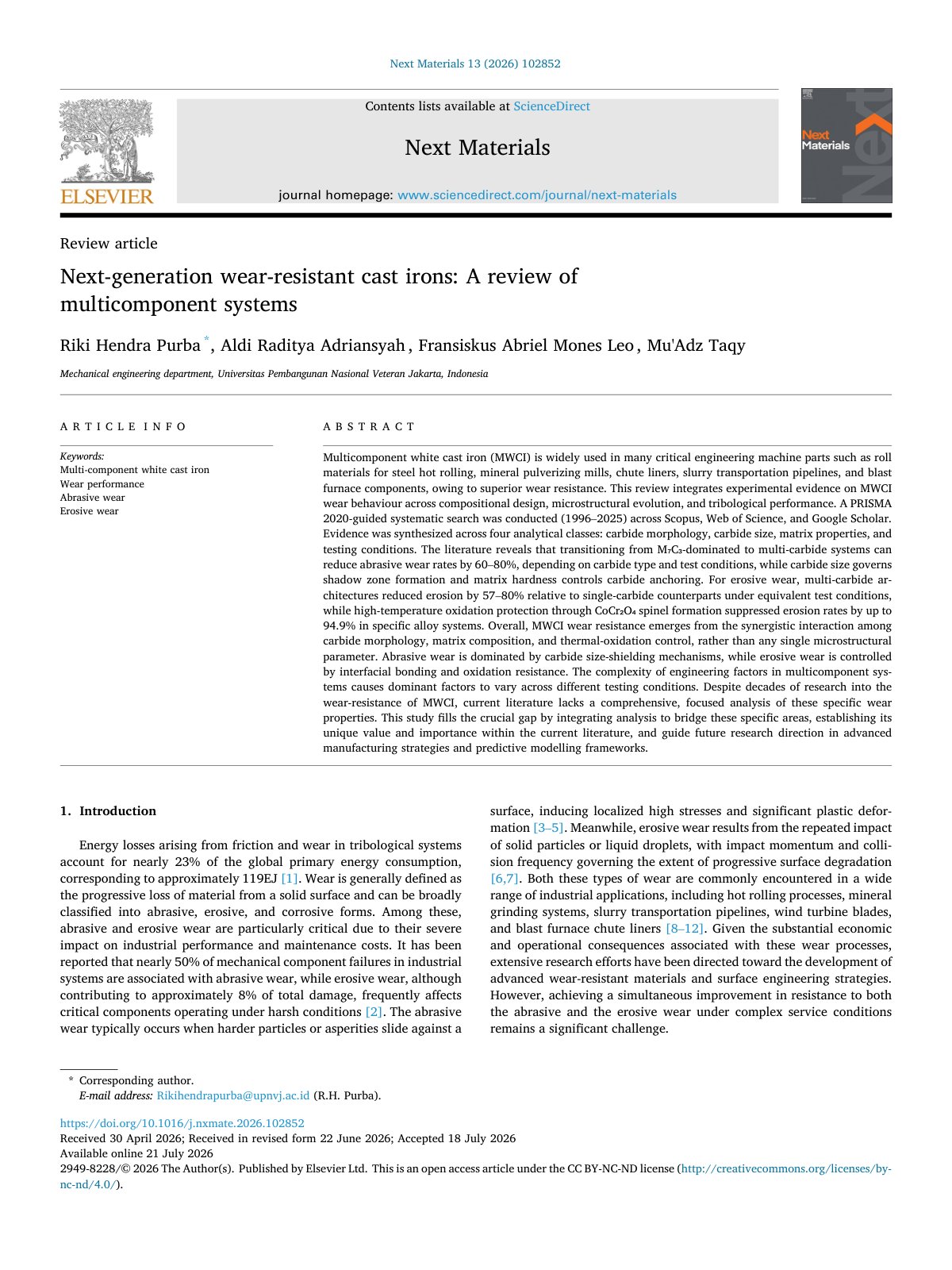 First page of Next generation wear resistant cast irons  A review of multi 2026 Next Mater