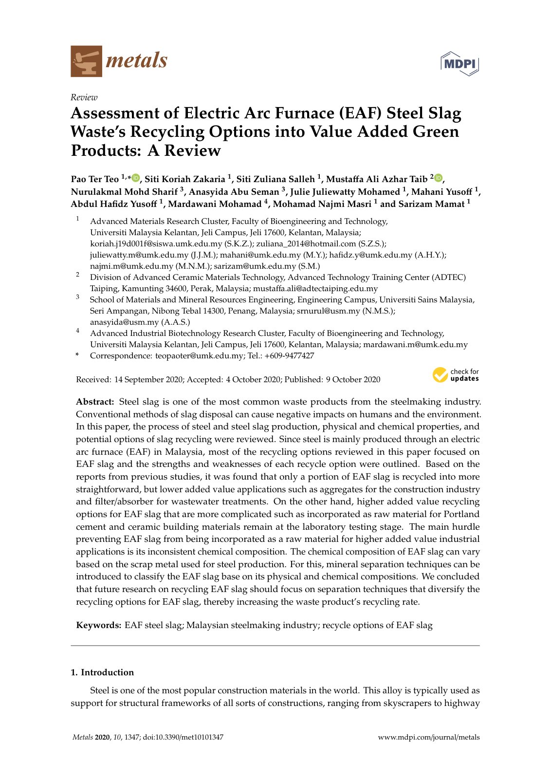 First page of Assessment of Electric Arc Furnace (EAF) Steel Slag Waste’s Recycling Options into Value Added Green Products: A Review