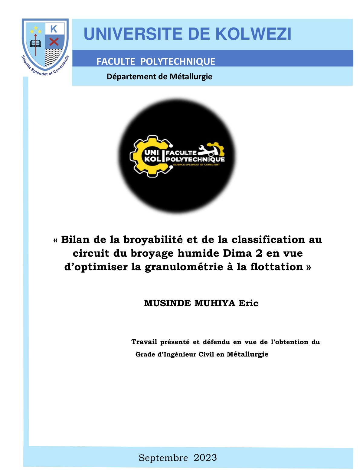 First page of Bilan de la broyabilité et de la classification au circuit du broyage humide Dima 2 en vue d’optimiser la granulométrie à la flottation