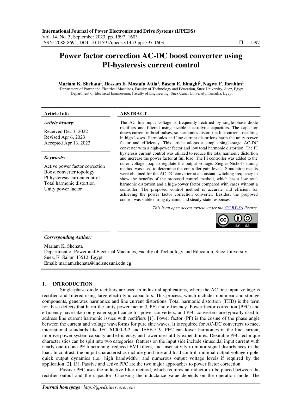First page of Power factor correction AC-DC boost converter using PI-hysteresis current control
