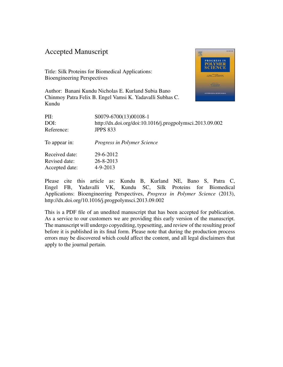 First page of Silk proteins for biomedical application