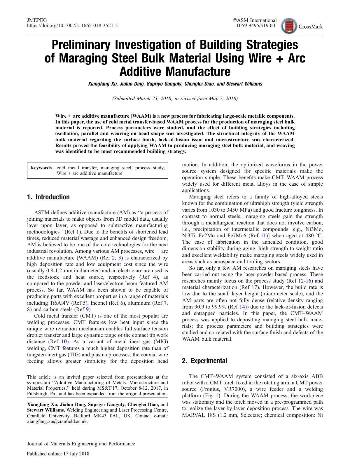 First page of Preliminary Investigation of Building Strategies of Maraging Steel Bulk Material Using Wire + Arc Additive Manufacture