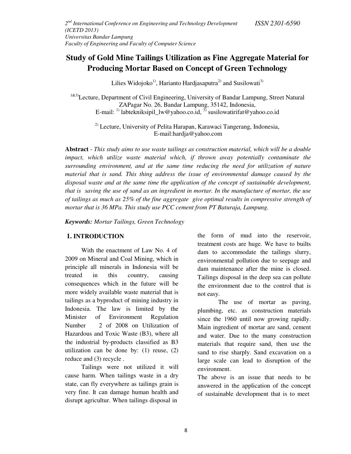 First page of Study of Gold Mine Tailings Utilization
