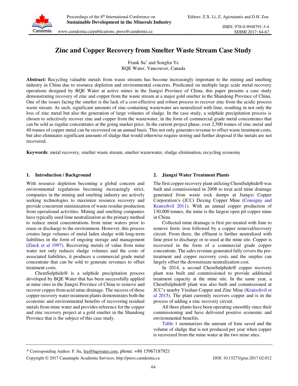 First page of Zinc and Copper Recovery from Smelter Waste Stream Case Study