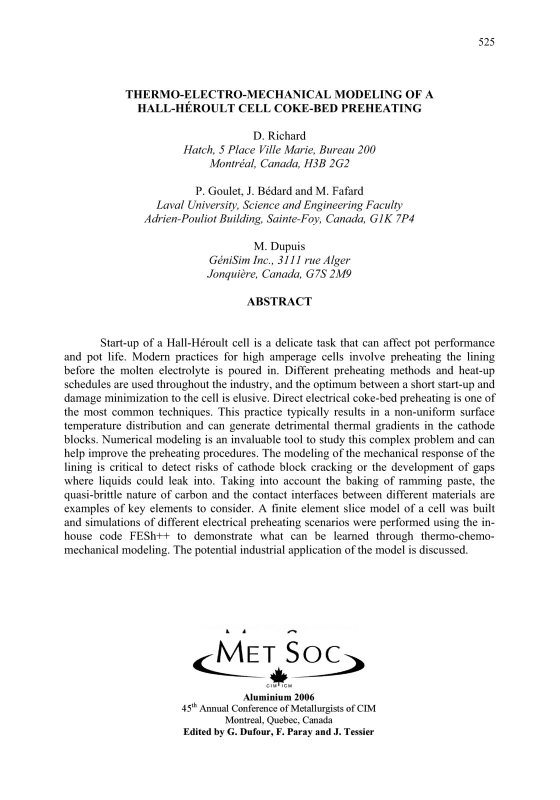 First page of THERMO-ELECTRO-MECHANICAL MODELING OF A HALL-HEROULT CELL COKE-BED PREHEATING