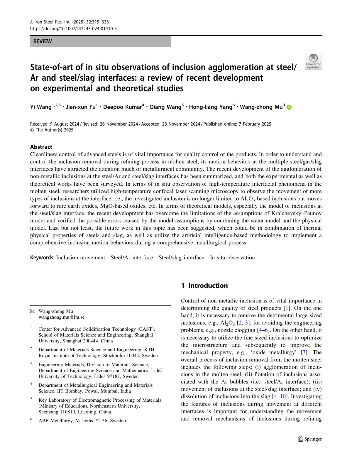 First page of 2025 Yi Wang State of art of in situ observations of inclusion agglomeration at steel Ar and steel slag interfaces a review of recent development on experimental