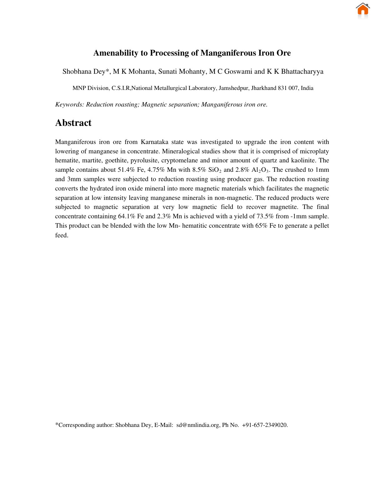 First page of Amenability to Processing of Manganiferous Iron Ore