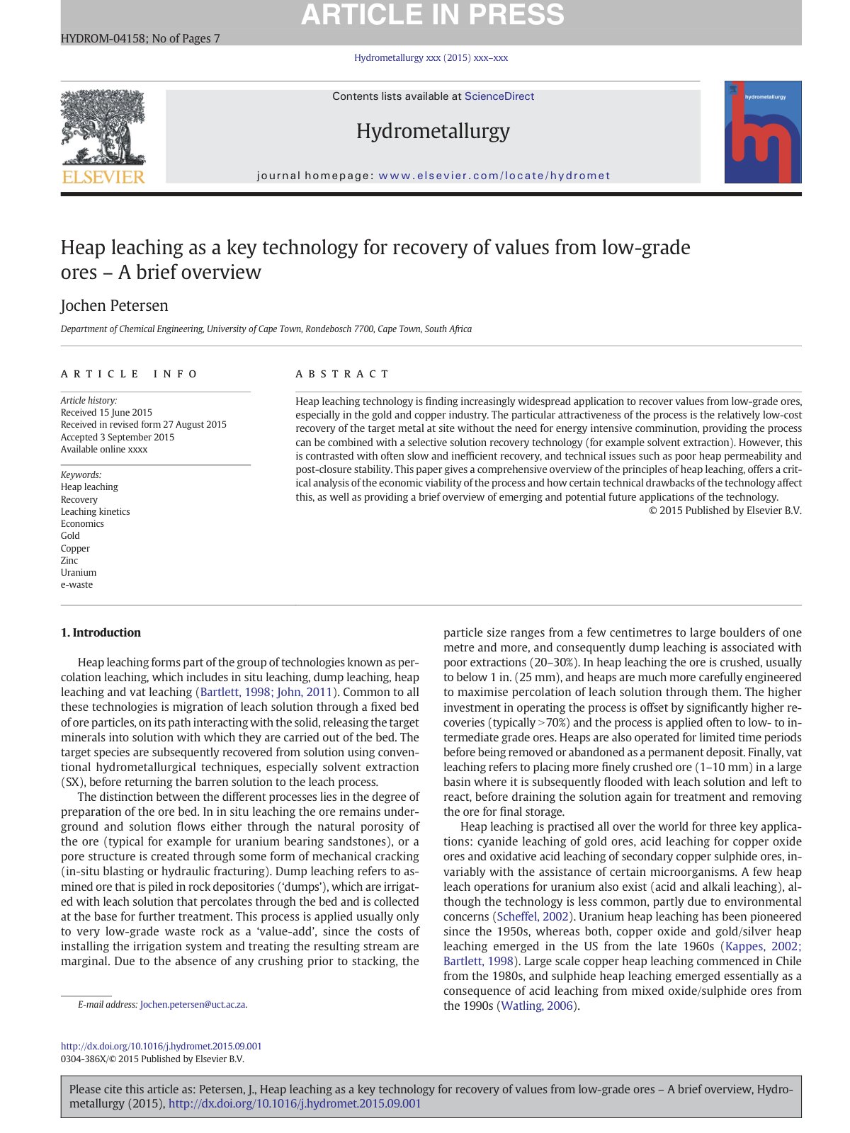 First page of Heap leaching as a key technology for re