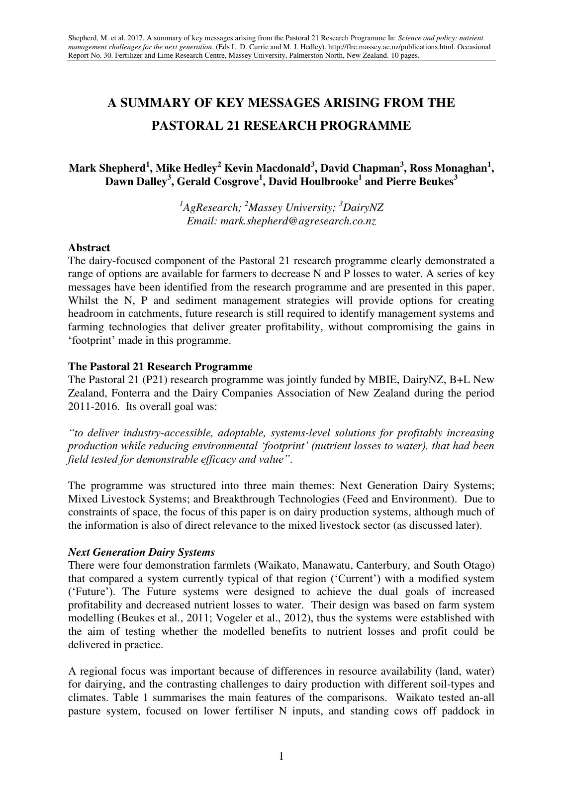 First page of A Summary of Key Messages Arising from t