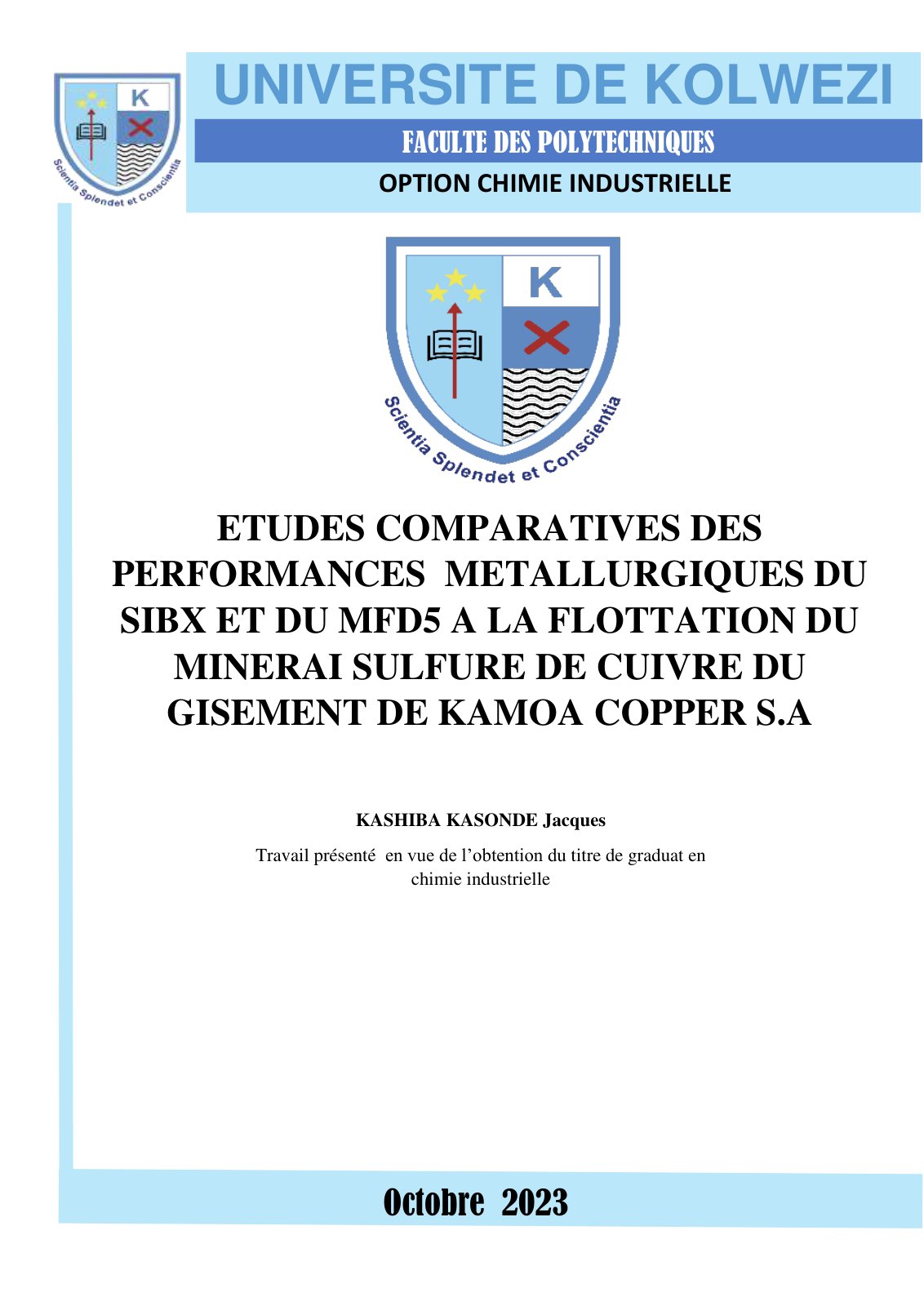 First page of ETUDES COMPARATIVES DES PERFORMANCES METALLURGIQUES DU SIBX ET DU MFD5 A LA FLOTTATION DU MINERAI SULFURE DE CUIVRE DU GISEMENT DE KAMOA COPPER S.A