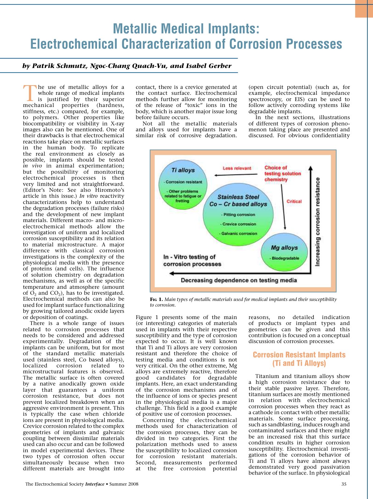First page of Metallic Medical Implants: Electrochemical Characterization of Corrosion Processes