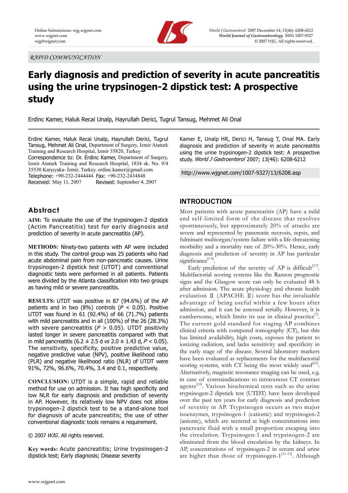 First page of Early diagnosis and prediction of severity in acute pancreatitis using the urine trypsinogen-2 dipstick test: A prospective study