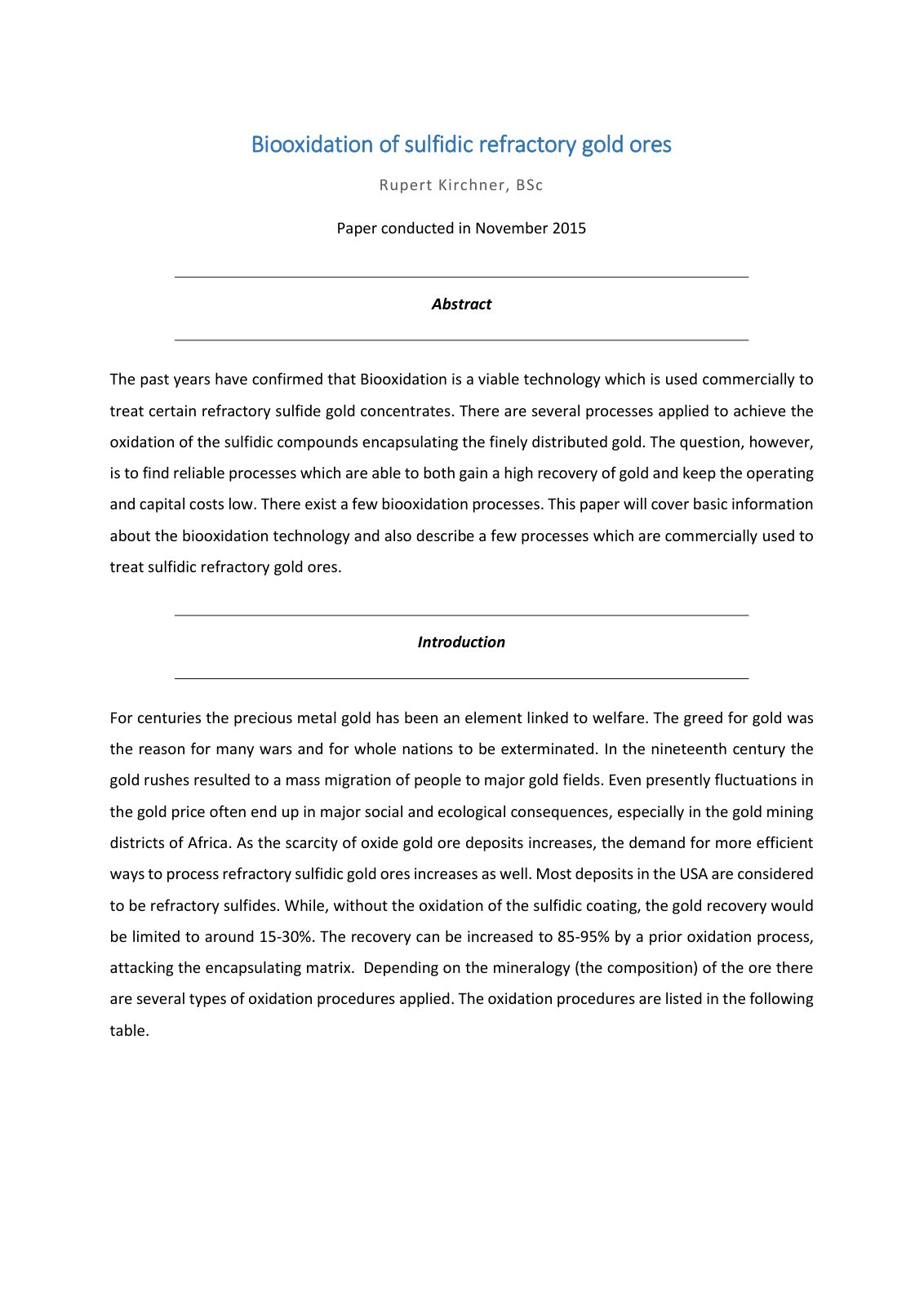 First page of Biooxidation of sulfidic refractory gold