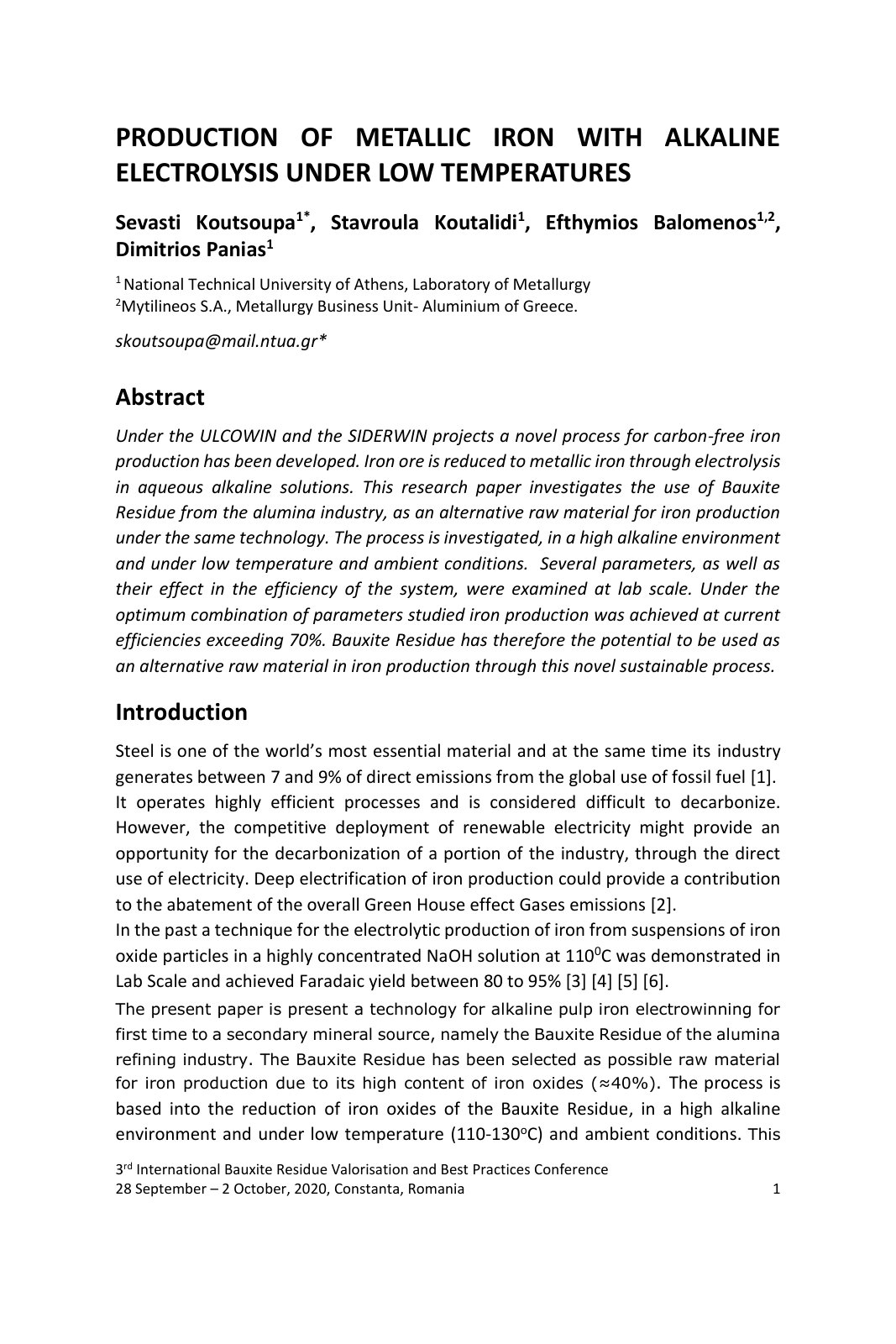 First page of Production of Metallic Iron with Alkalin