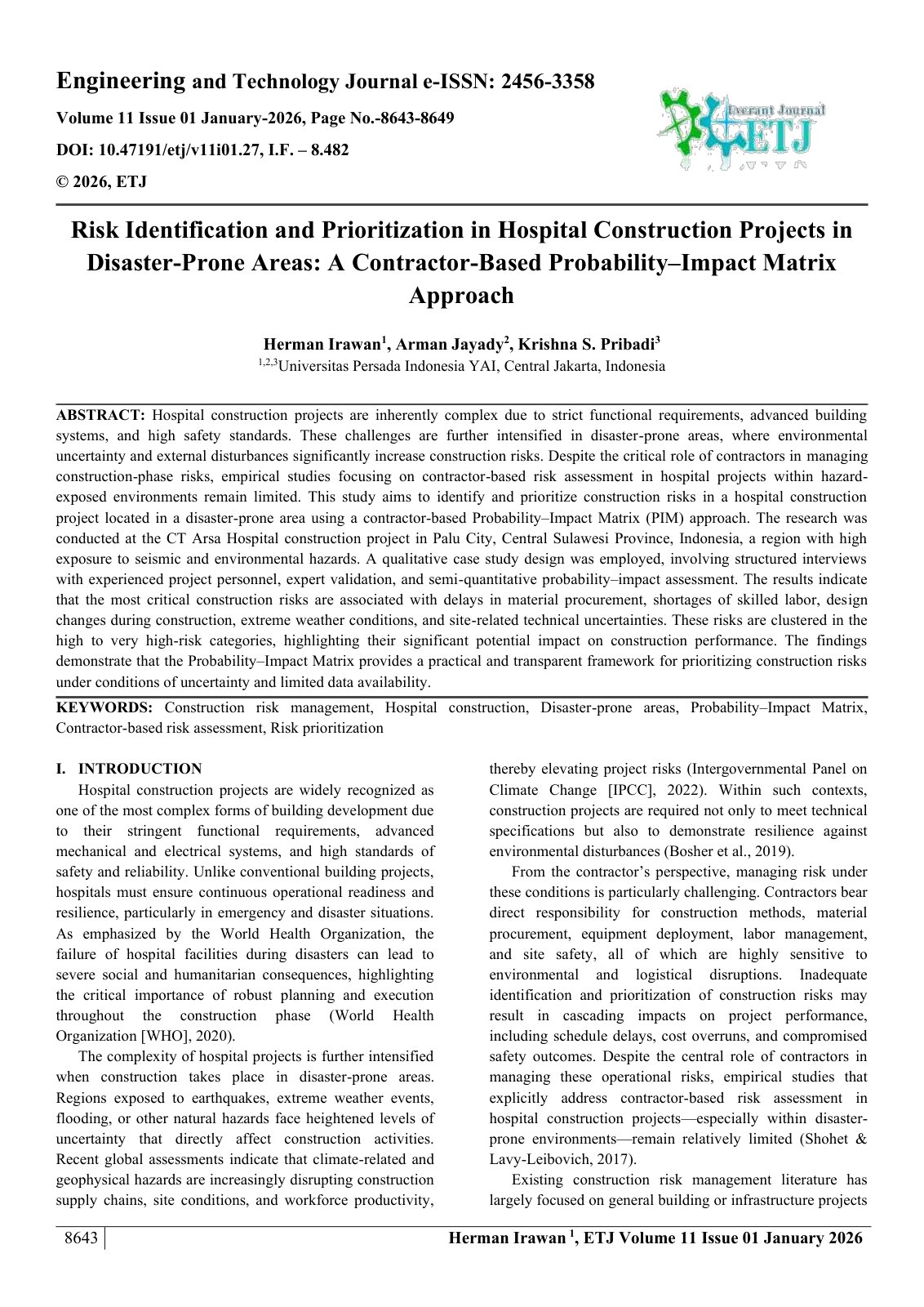 First page of Risk Identification and Prioritization in Hospital Construction Projects in  Disaster-Prone Areas: A Contractor-Based Probability–Impact Matrix  Approach  