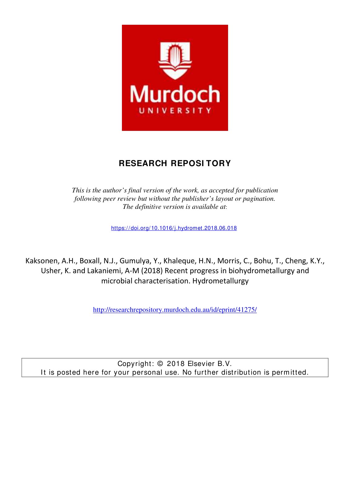 First page of Recent progress in biohydrometallurgy an