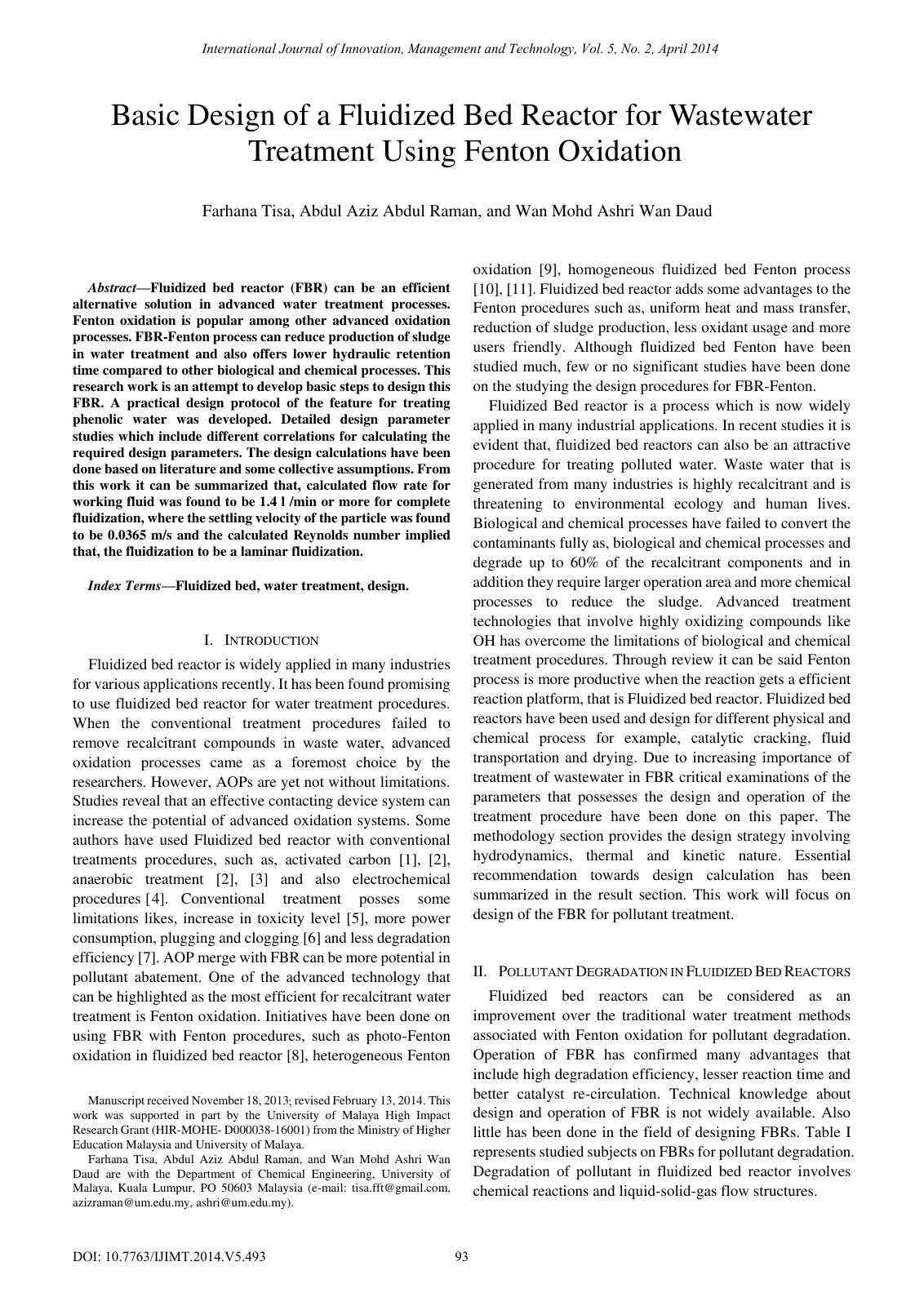 First page of 363231795 Basic Design of a Fluidized Bed Reactor for Wastewater Treatment Using Fenton Oxidation