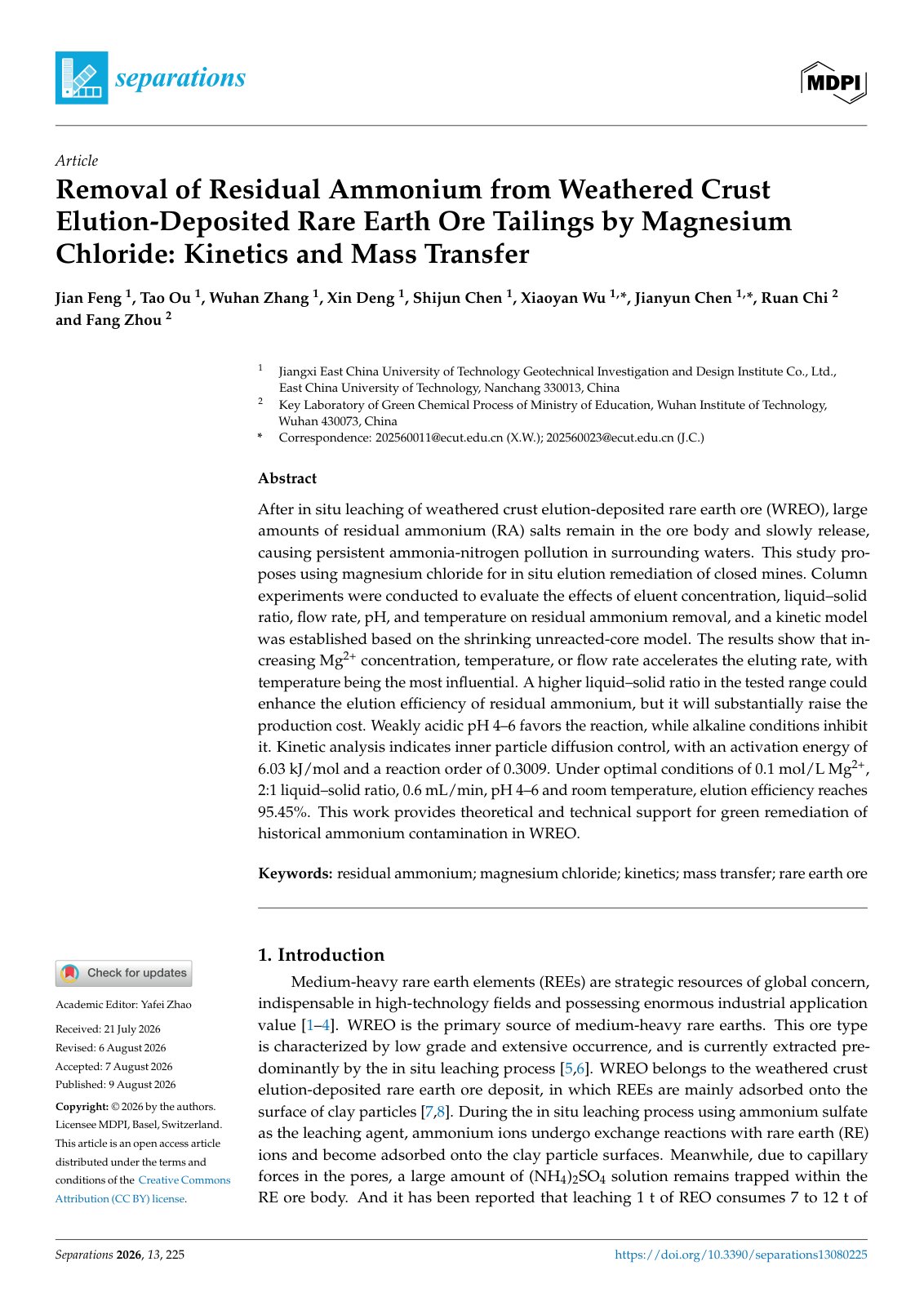 First page of Removal of Residual Ammonium from Weathered Crust Elution-Deposited Rare Earth Ore Tailings by Magnesium Chloride: Kinetics and Mass Transfer