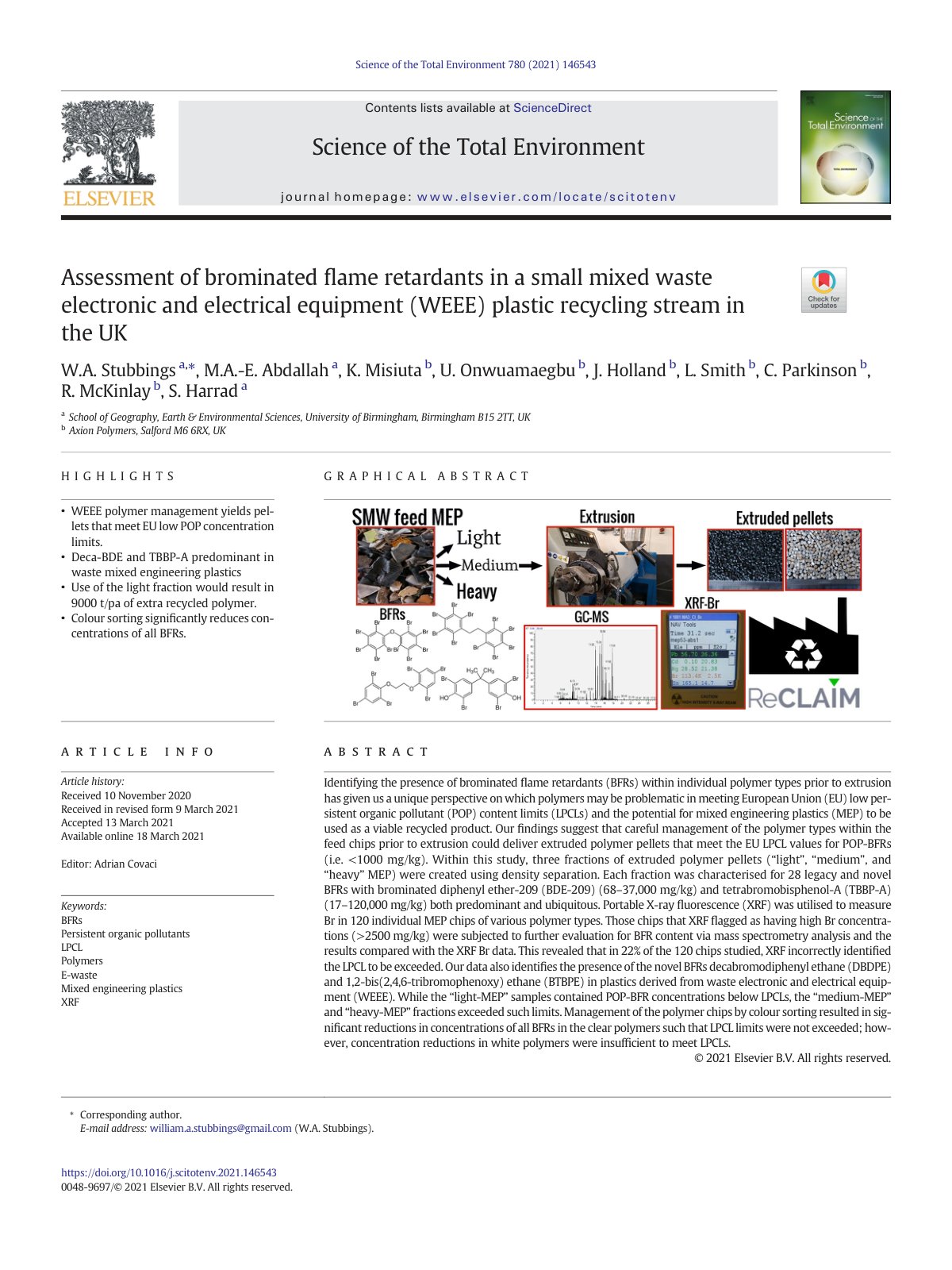 First page of Assessment of brominated flame retardants in a small mixed 2021 Science of T