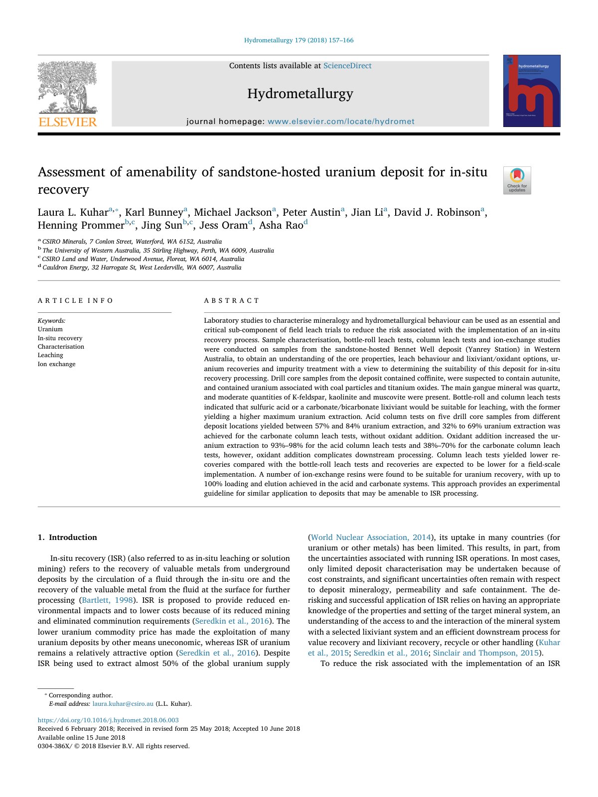 First page of Assessment of amenability of sandstone-hosted uranium deposit for in-situ recovery