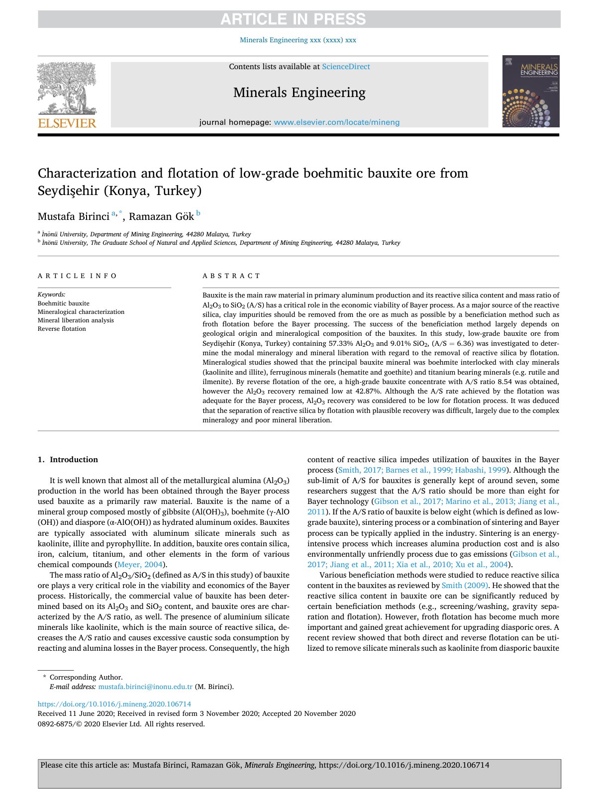 First page of Characterization and flotation of low-grade boehmitic bauxite ore from Seydis¸ehir (Konya, Turkey)