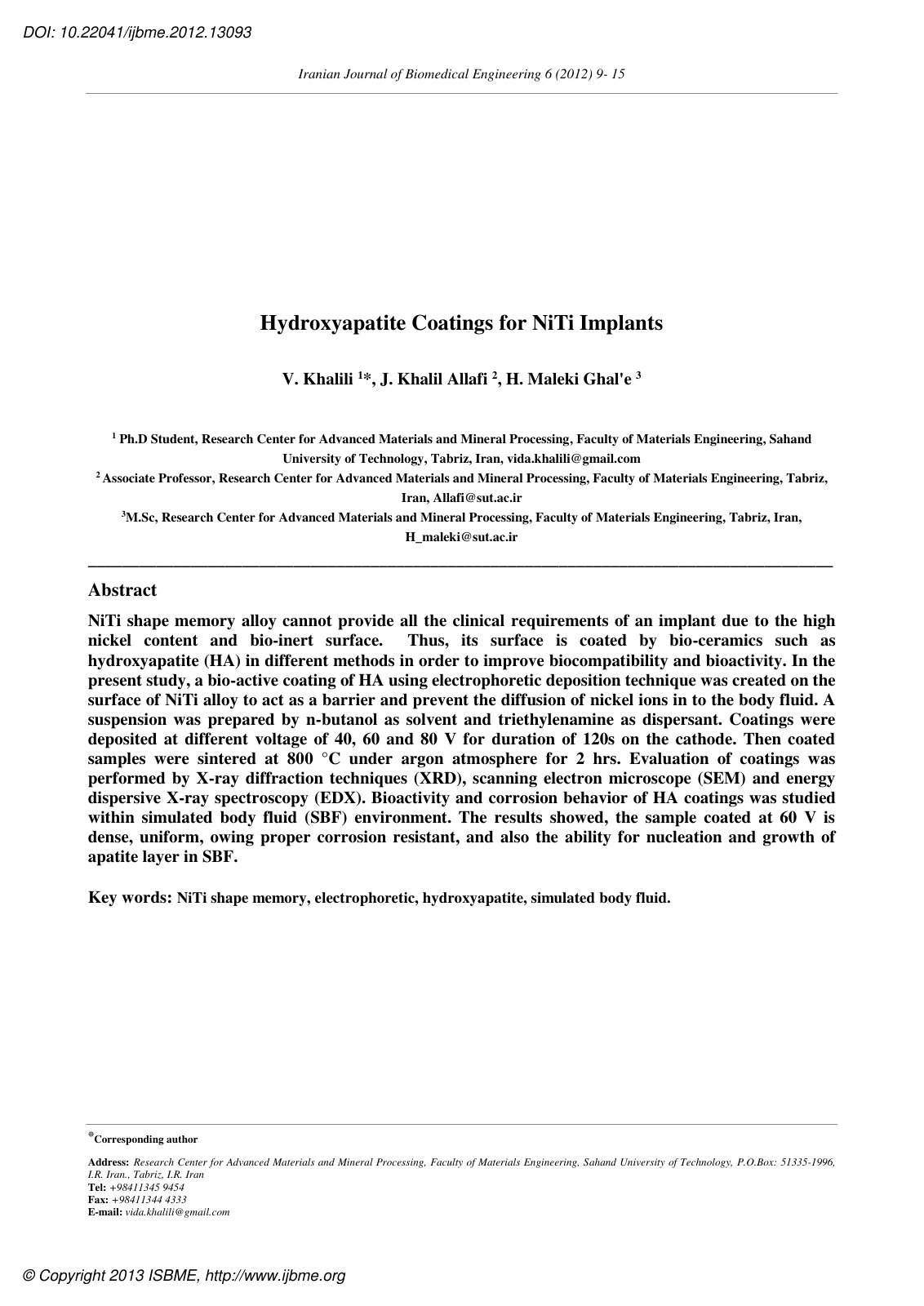 First page of Hydroxyapatite Coatings for NiTi Implants