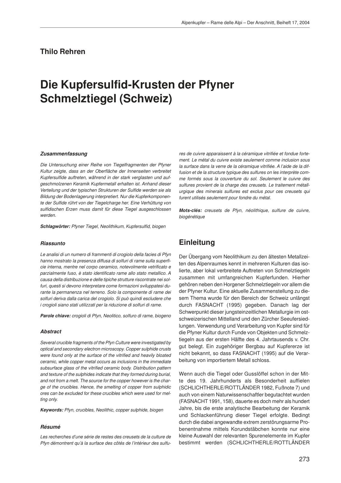 First page of Die Kupfersulfid-Krusten der Pfyner Schmelztiegel (Schweiz)