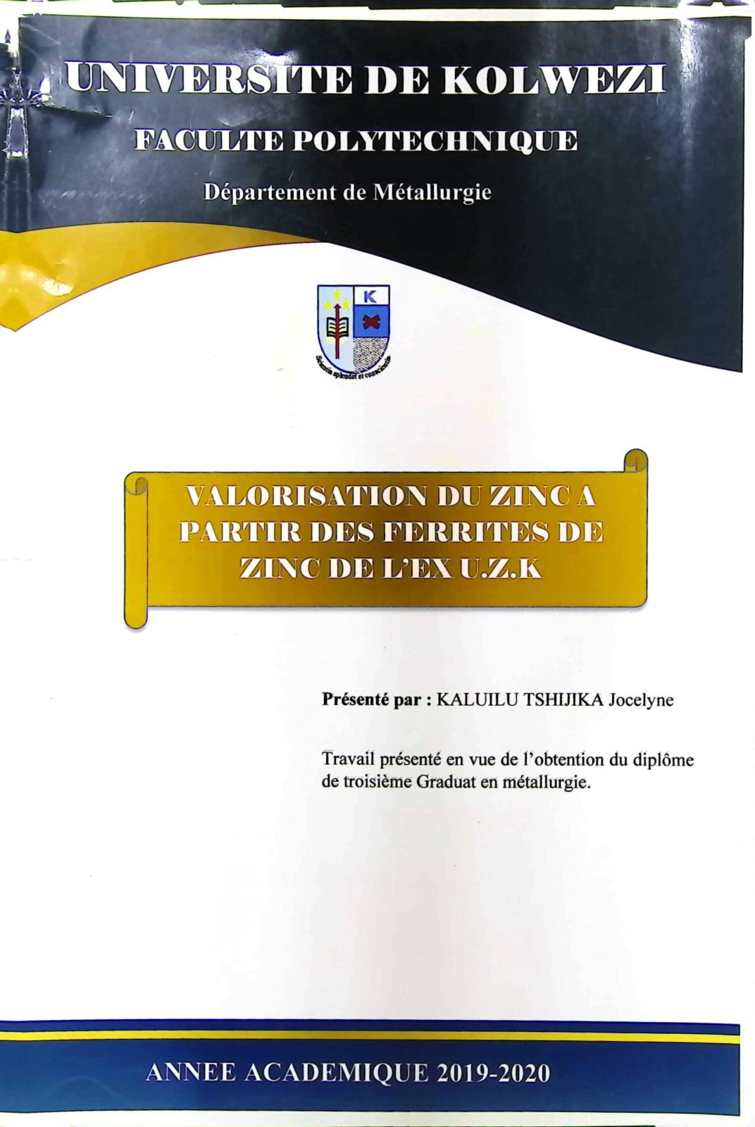 First page of VALORISATION DU ZINC A PARTIR DES FERRITES DE ZINC DE L'EX U.Z.K