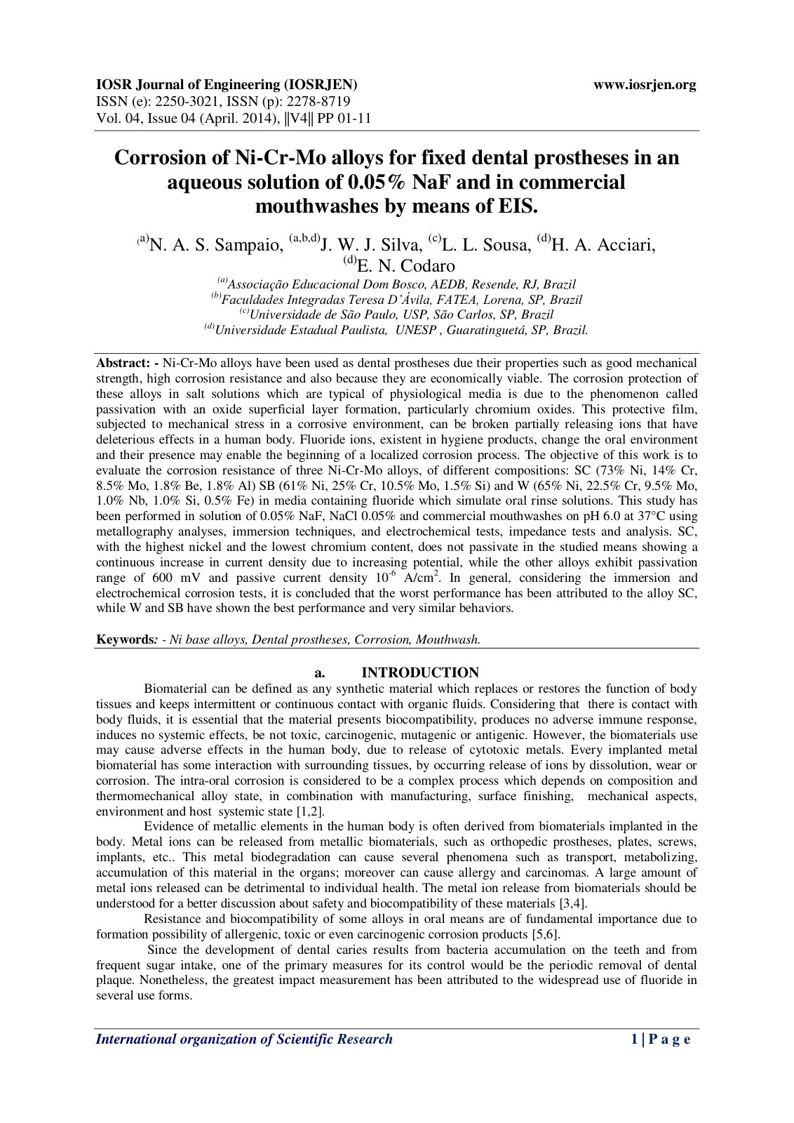 First page of Corrosion of Ni-Cr-Mo alloys for fixed dental prostheses in an aqueous solution of 0.05% NaF and in commercial mouthwashes by means of EIS.