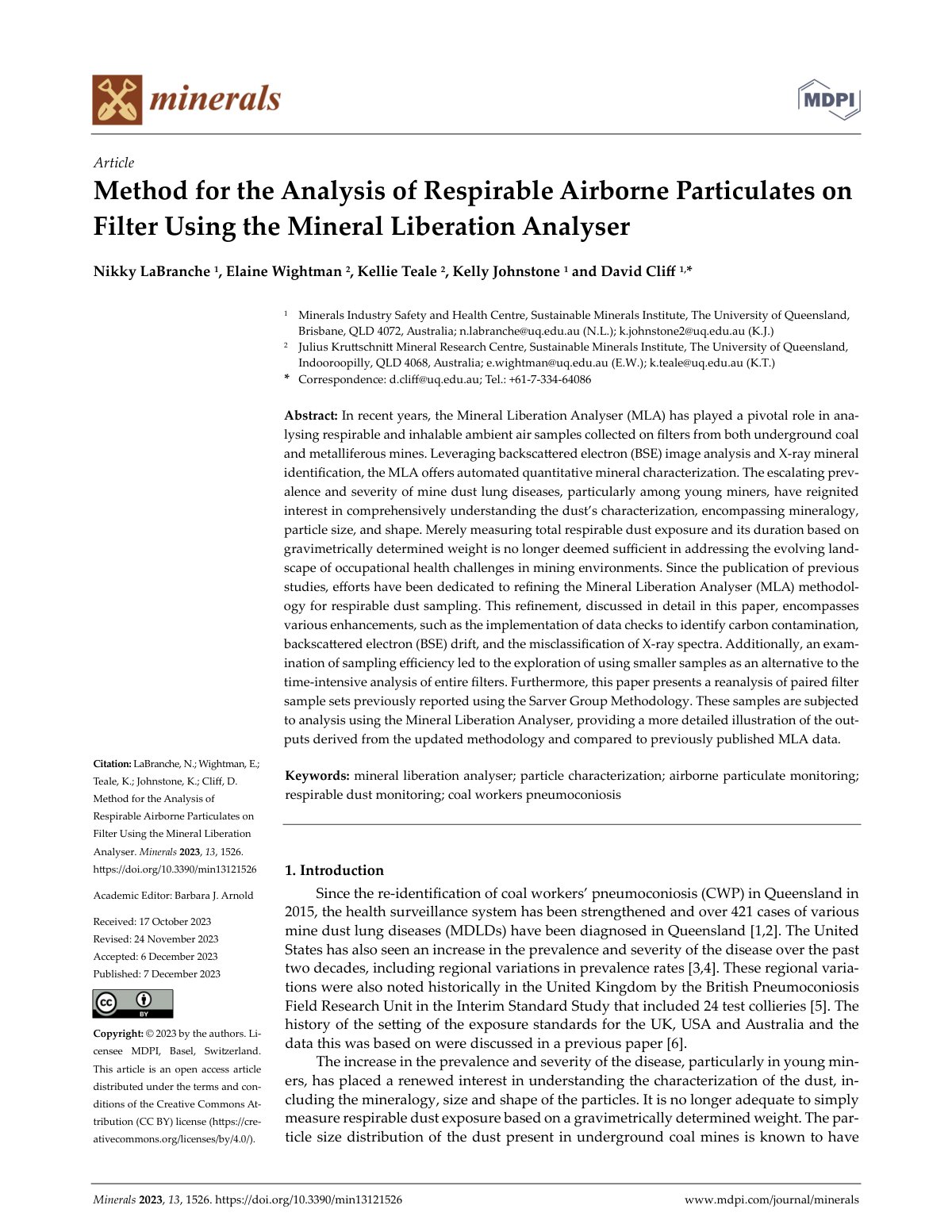 First page of Method for the Analysis of Respirable Airborne Particulates on Filter Using the Mineral Liberation Analyser