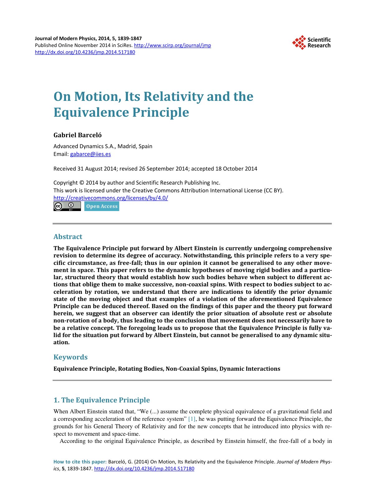 First page of On Motion Its Relativity and the Equival