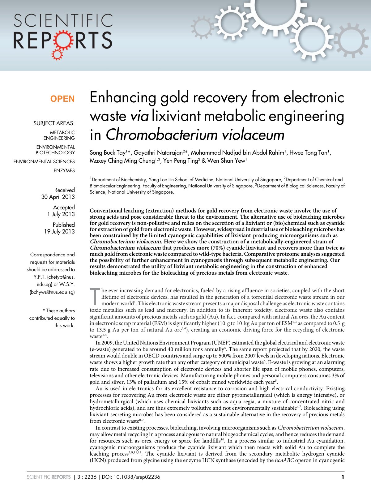 First page of Enhancing gold recovery from electronic