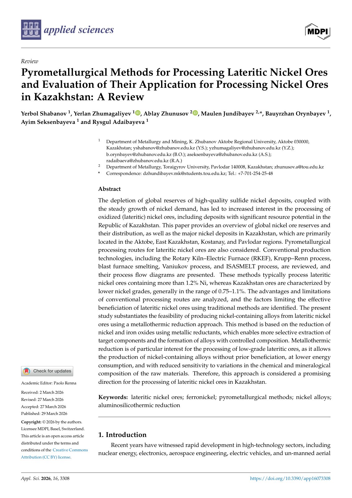 First page of Pyrometallurgical Methods for Processing Lateritic Nickel Ores and Evaluation of Their Application for Processing Nickel Ores in Kazakhstan: A Review