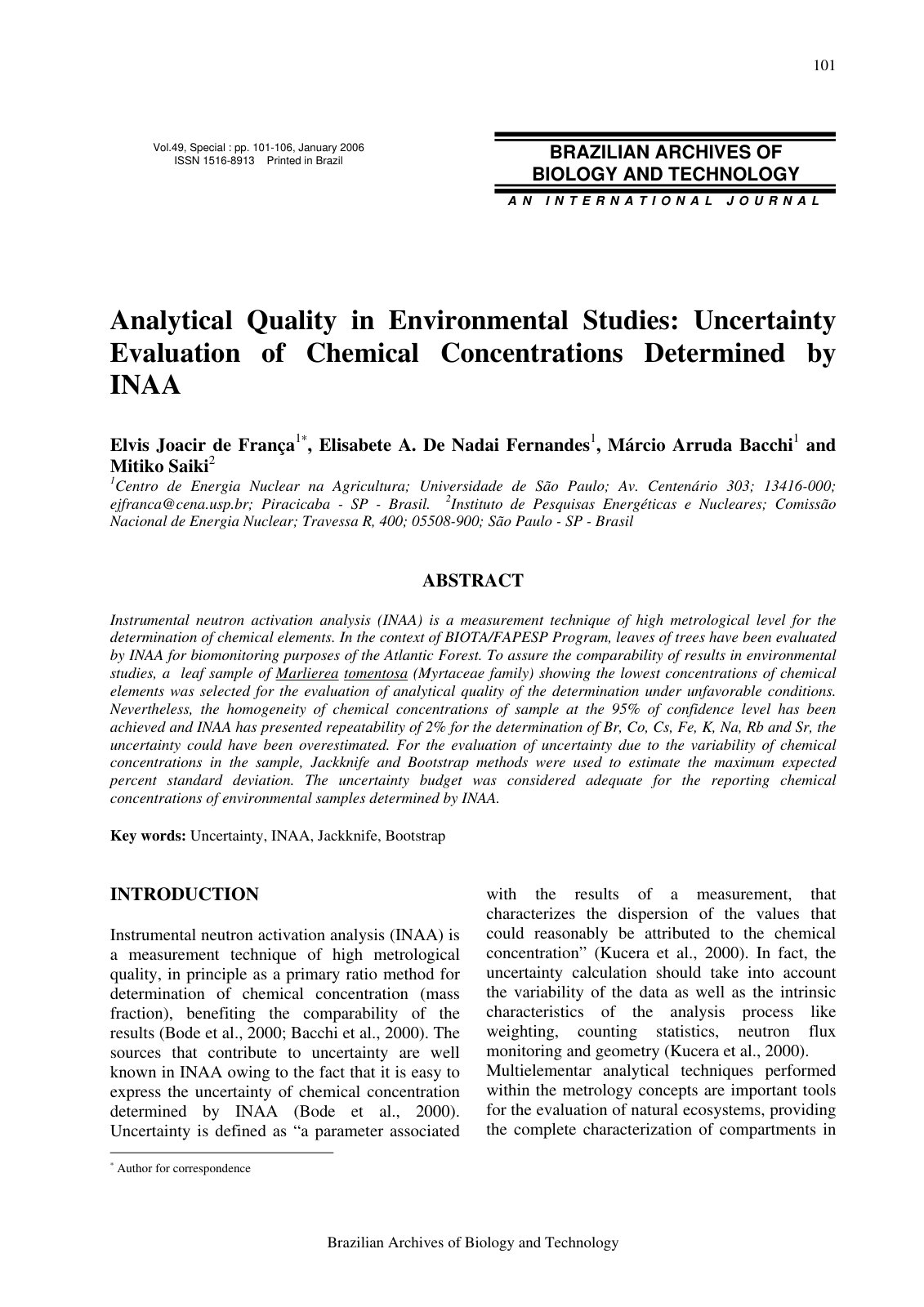 First page of Analytical Quality in Environmental Studies: Uncertainty Evaluation of Chemical Concentrations Determined by INAA