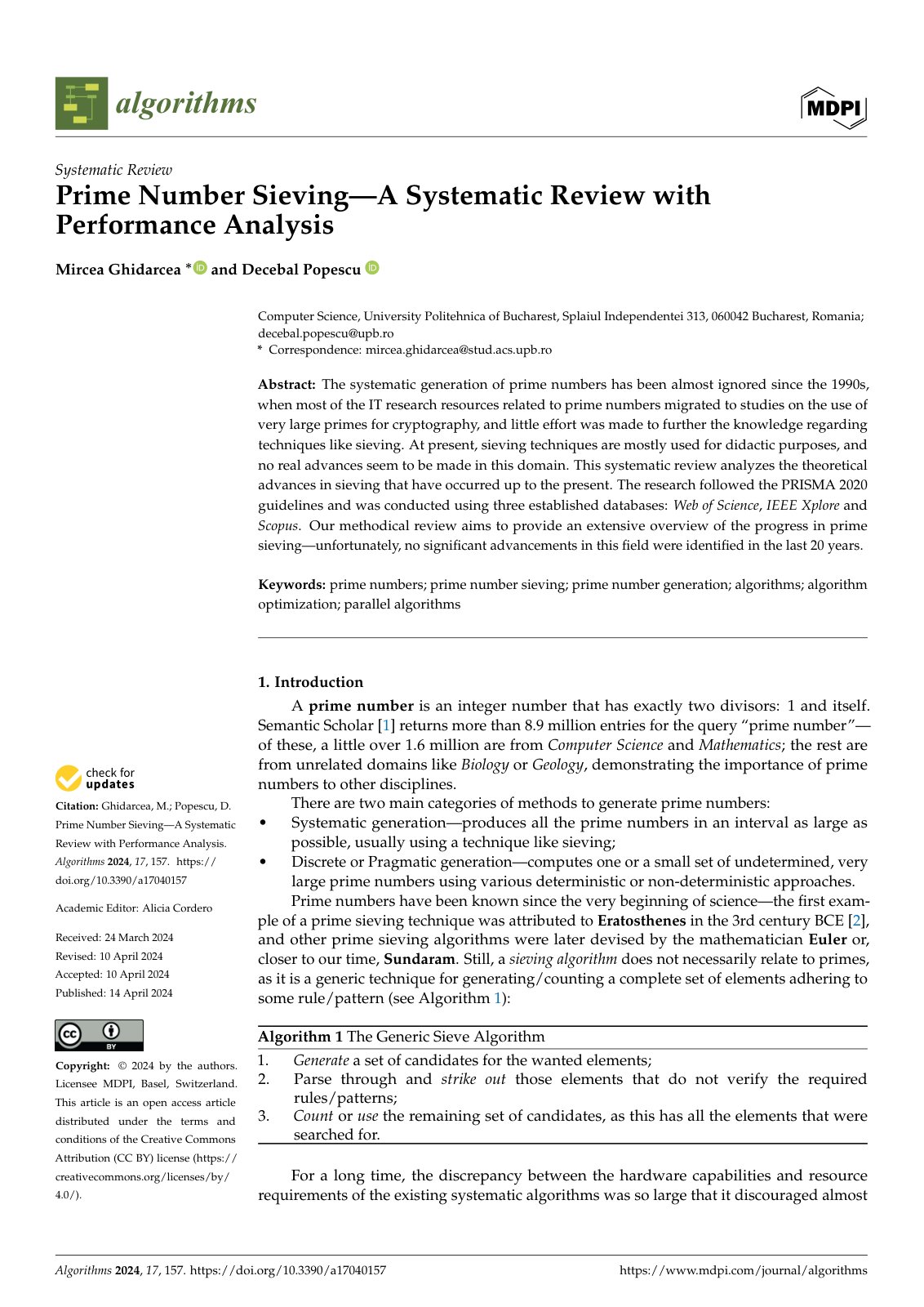 First page of Prime Number Sieving—A Systematic Review with Performance Analysis
