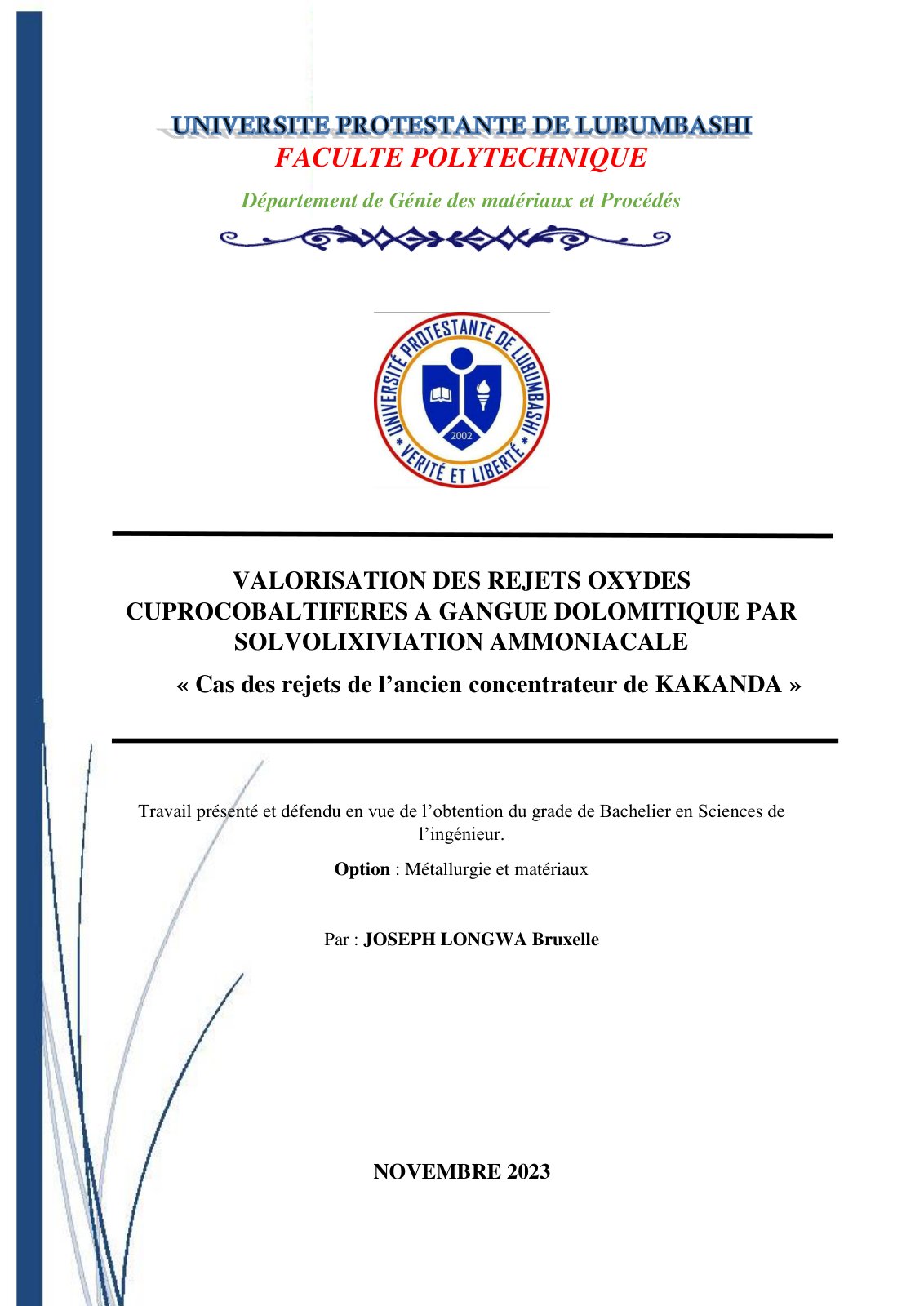 First page of 728170556 Valorisation des rejets oxydes cuprocobaltiferes a gangue dolomitiques par solovolixiviation ammoniacale