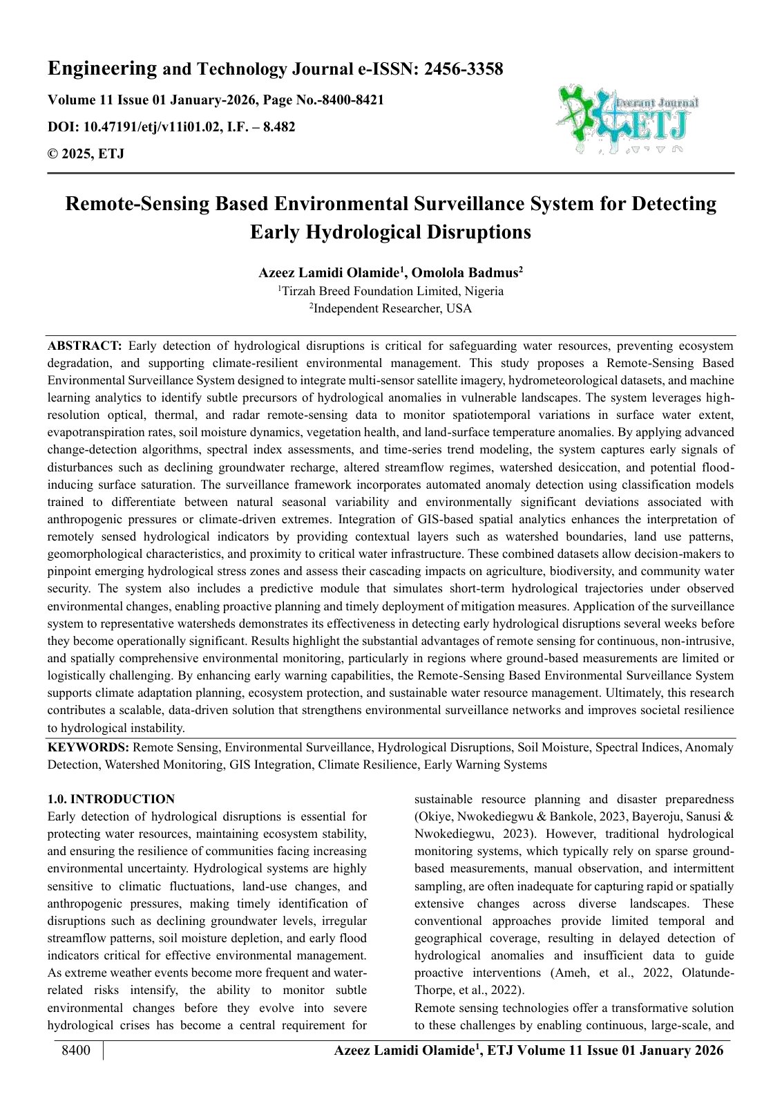 First page of Remote-Sensing Based Environmental Surveillance System for Detecting  Early Hydrological Disruptions  