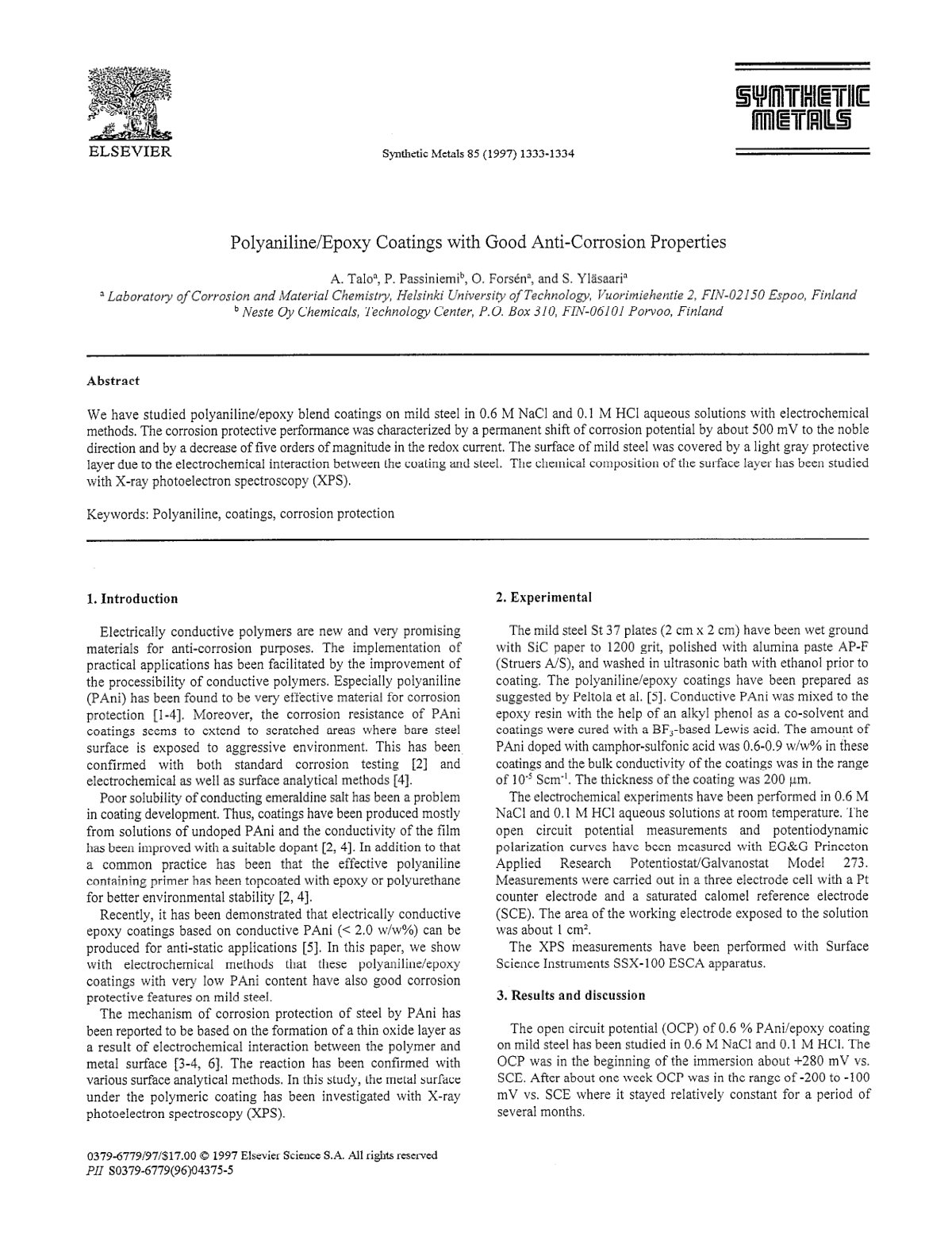 First page of Polyaniline/Epoxy Coatings with Good Anti-Corrosion Properties