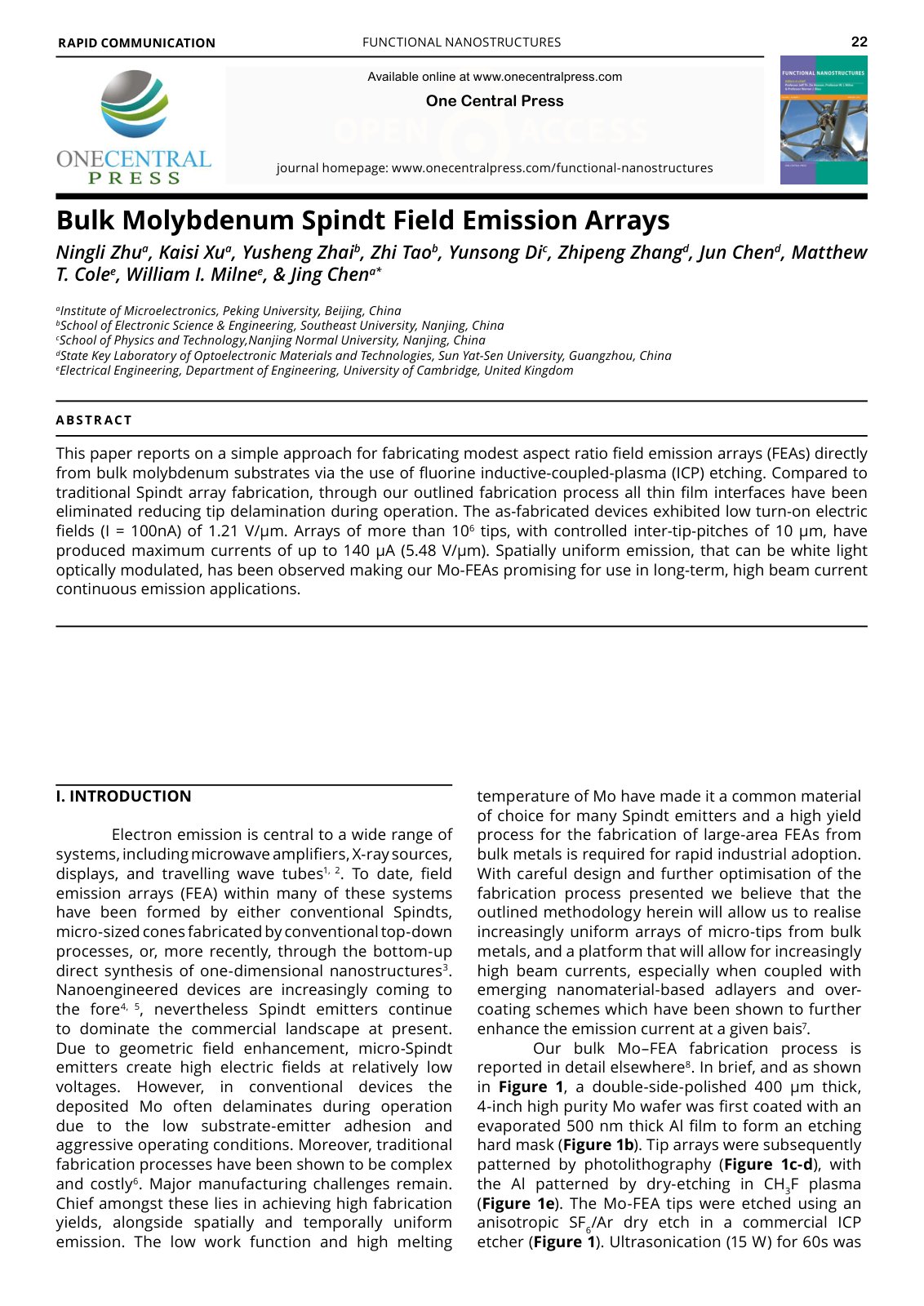 First page of Bulk Molybdenum Spindt Field Emission Arrays
