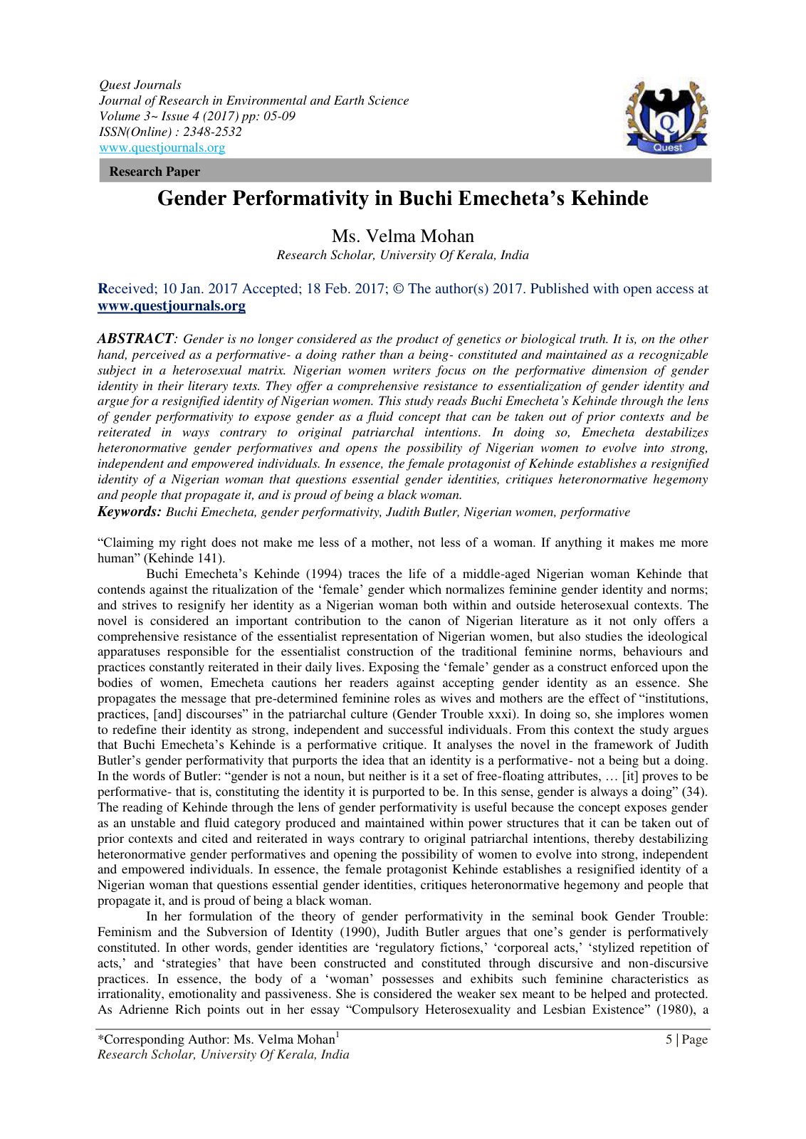 First page of Gender Performativity in Buchi Emechetas