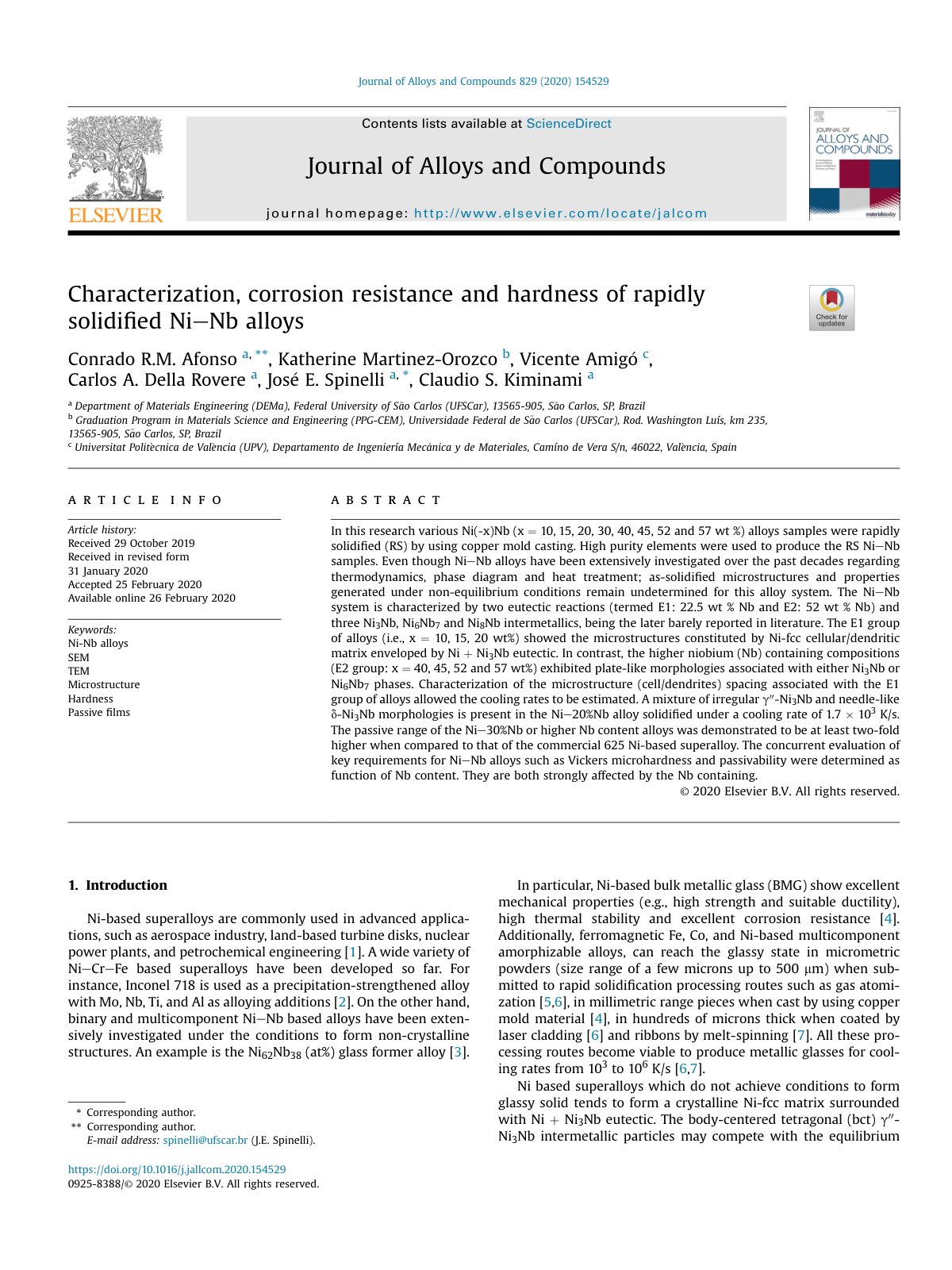 First page of Characterization, corrosion resistance and hardness of rapidly solidiﬁed NieNb alloys