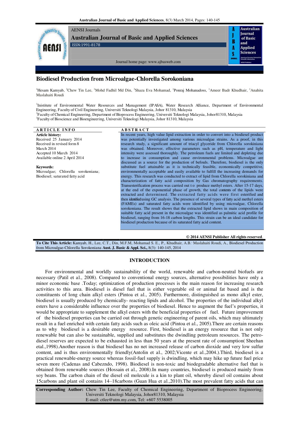 First page of Biodiesel Production from Microalgae Chl