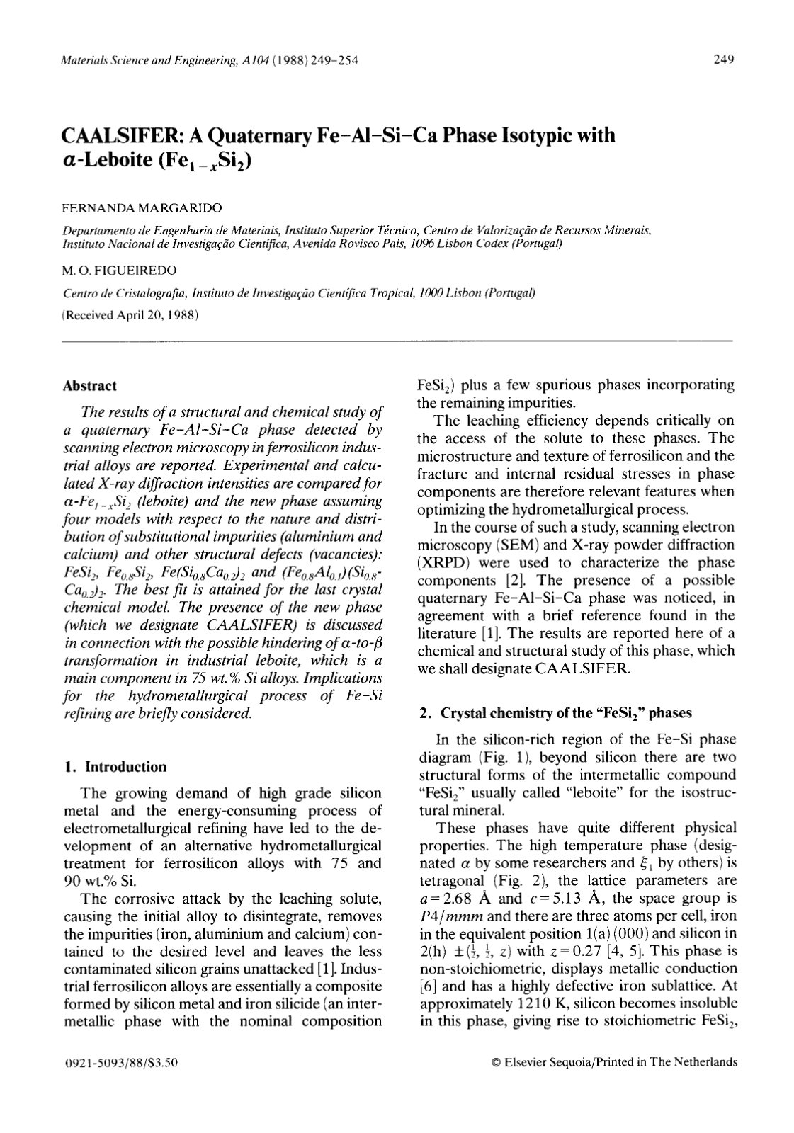 First page of CAALSIFER: A Quaternary Fe-AI-Si-Ca Phase Isotypic with a-Leboite (Fet _ xSi2)