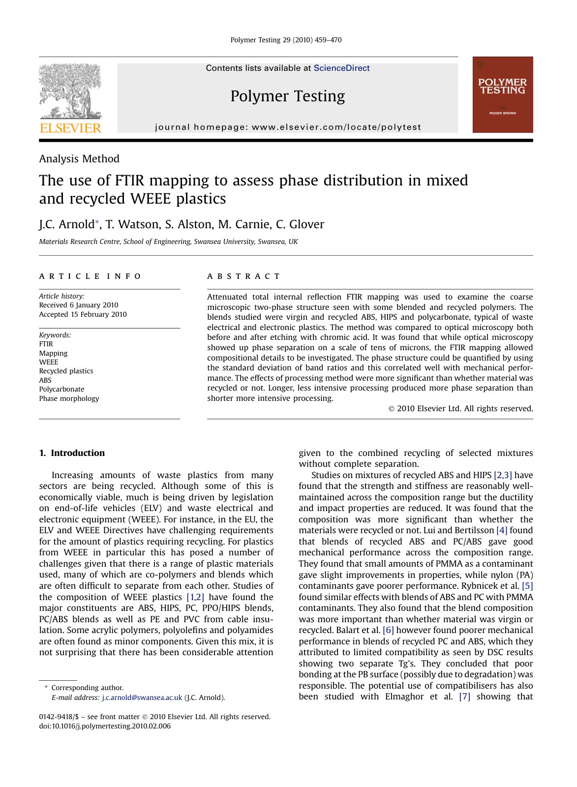 First page of The use of FTIR mapping to assess phase distribution in mixe 2010 Polymer Te