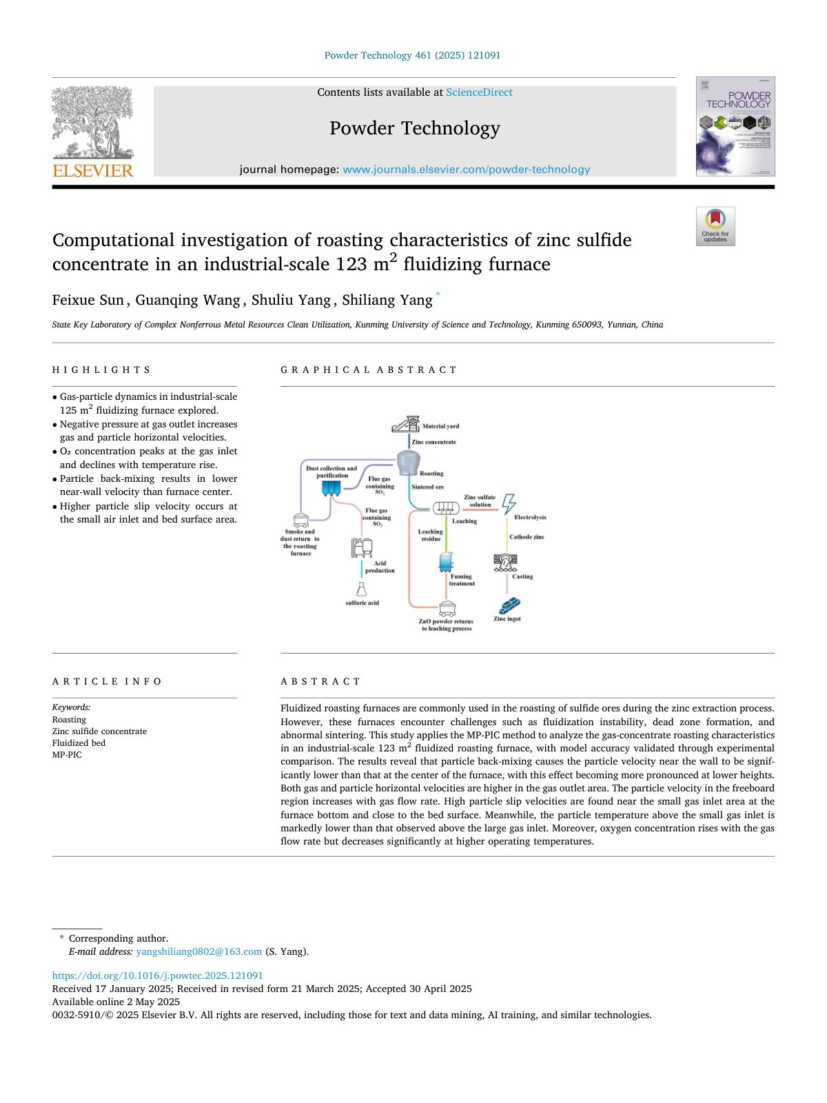 First page of Computational investigation of roasting characteristics of zinc sulfide concentrate in an industrial-scale 123 m2 fluidizing furnace