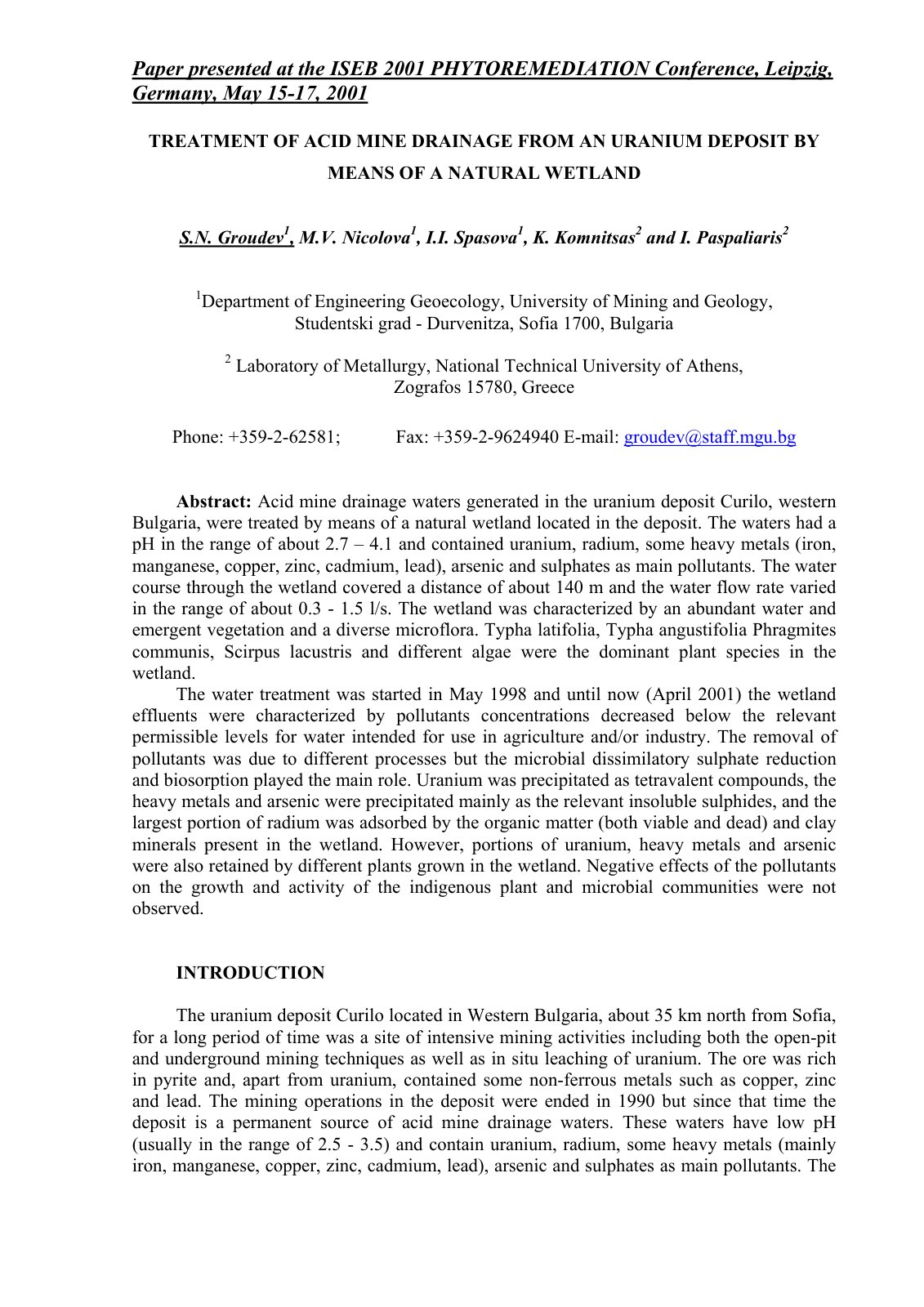 First page of TREATMENT OF ACID MINE DRAINAGE FROM AN URANIUM DEPOSIT BY MEANS OF A NATURAL WETLAND