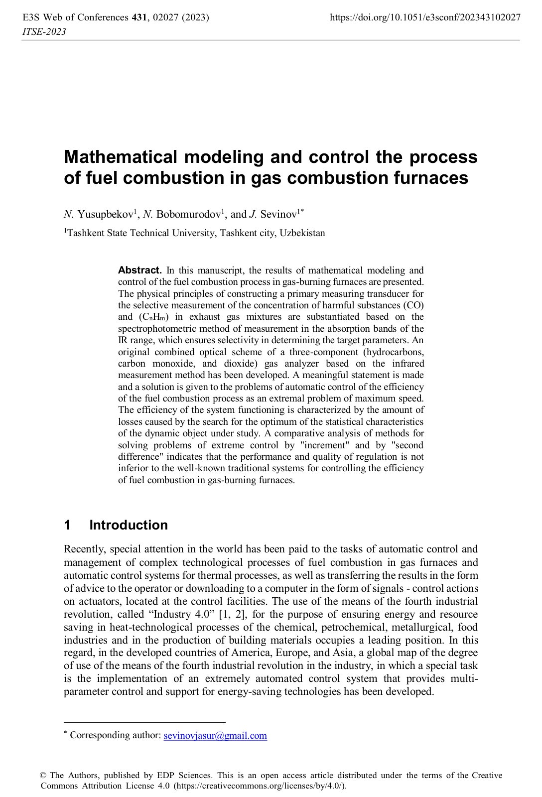 First page of Mathematical modeling and control the pr