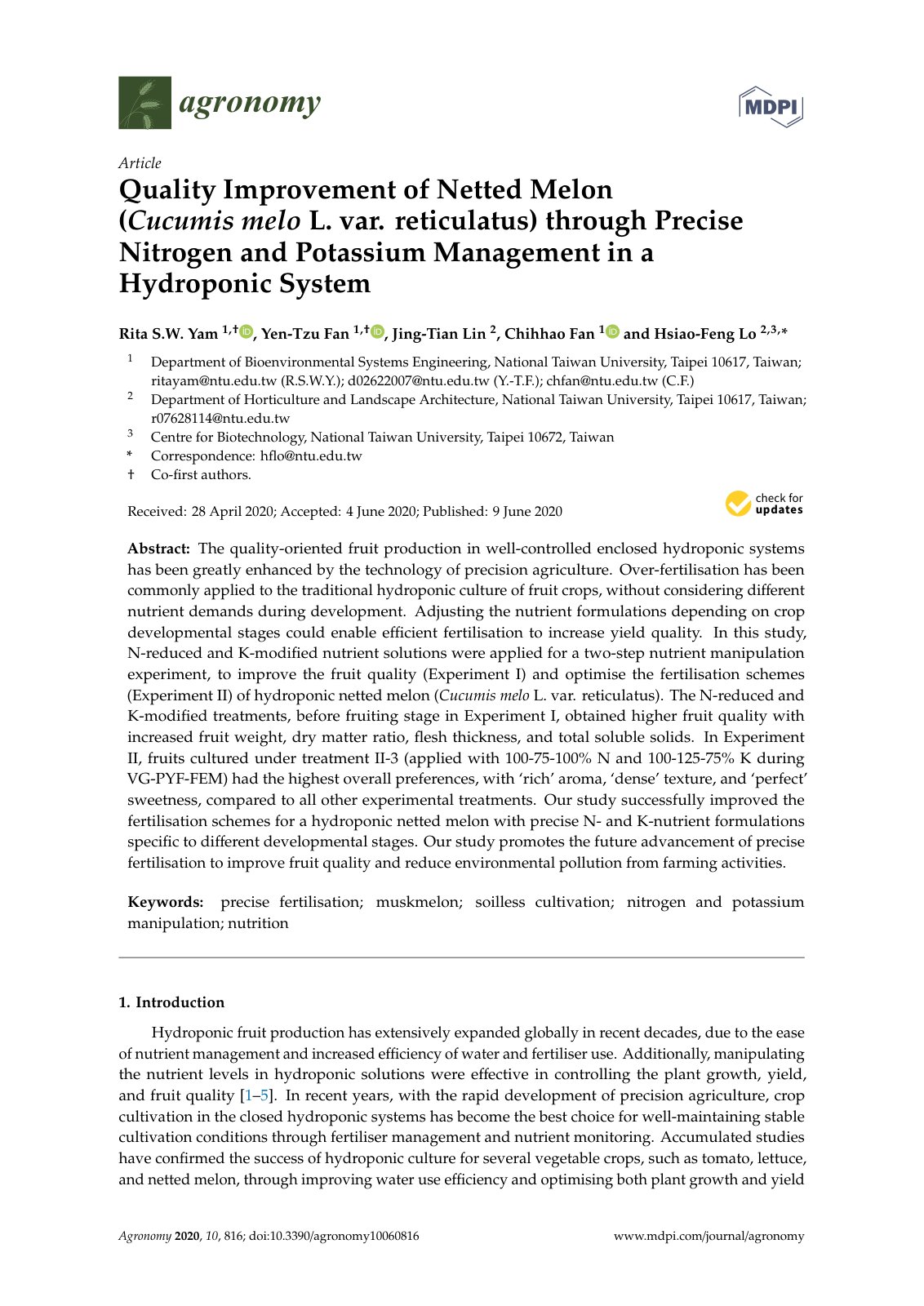 First page of Quality Improvement of Netted Melon (Cucumis melo L. var. reticulatus) through Precise Nitrogen and Potassium Management in a Hydroponic System